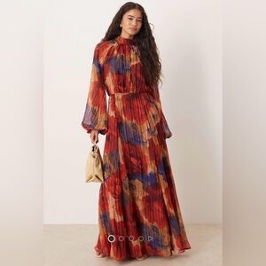 ASOS DESIGN High neck crinkle maxi dress with blouson sleeve in red blue floral